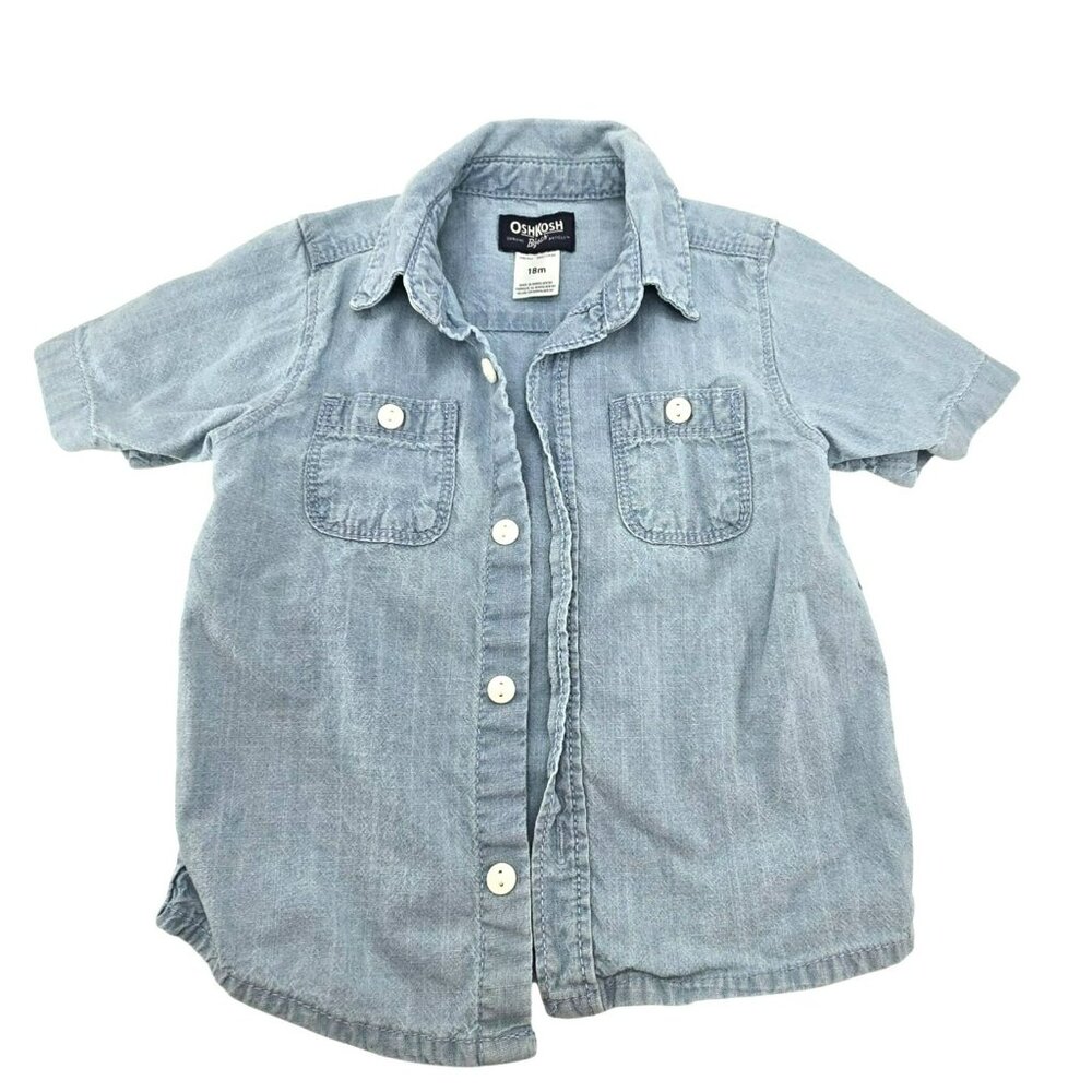 OshKosh Bgosh Shirt Baby Toddler Light Blue Short Sleeve Denim 18M jj3718